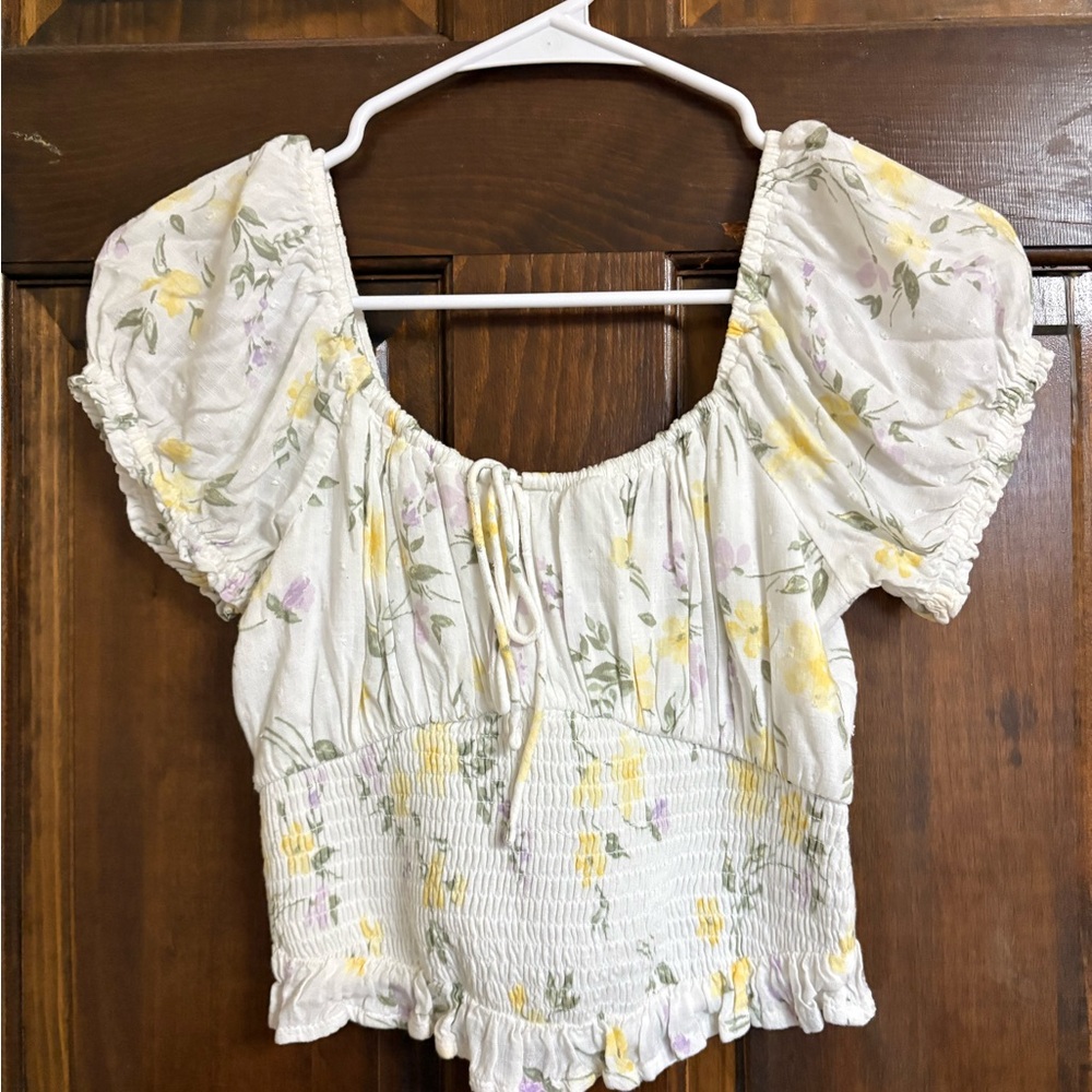 Hollister White Floral Smocked Crop Top